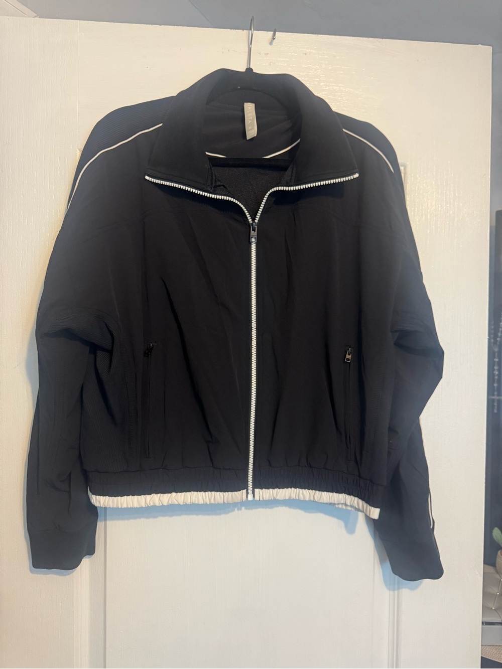 ATHLETA Brooklyn Bomber Jacket Zip-Front with White Contrast Trim